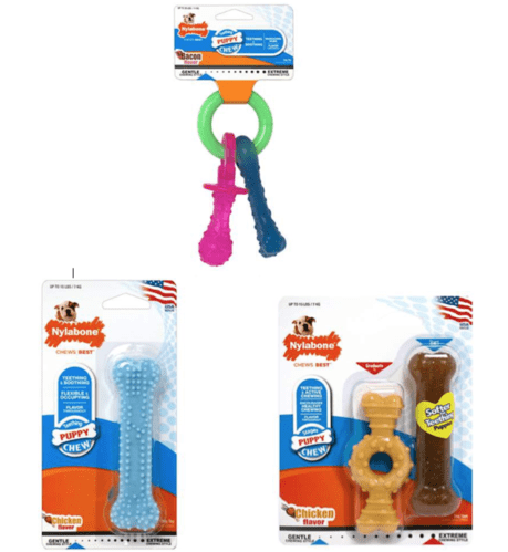 A variety of dog toys are on display.