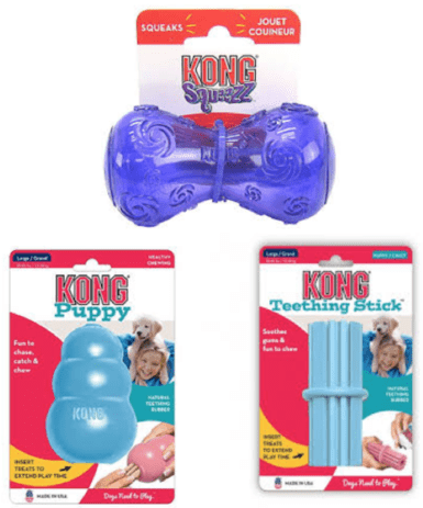 A package of kong puppy toy, and two packages of kong teething sticks.