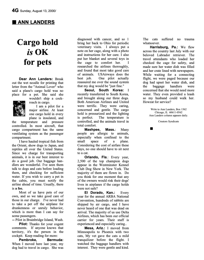 A newspaper article about cargo hold for pets.